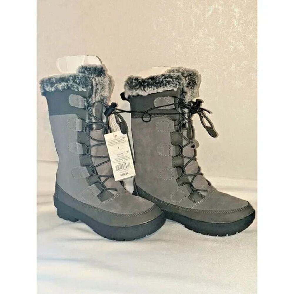 All In Motion Girls sz 1 Insulated Winter Boot Grey Suede With Fur Lining 10"